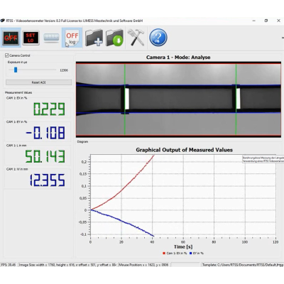 Video zeigt die simulaten Messung von Längs- und Querdehnung mit einem Videoextensometer
