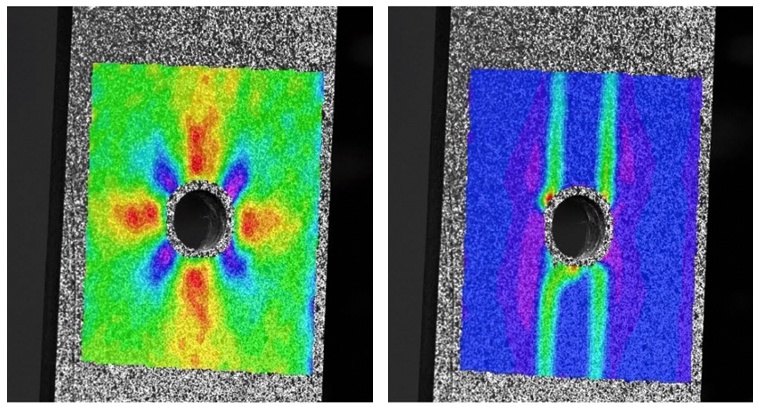 Q400 DIC measures the strain distribution at a tensile loaded CFRP specimen with hole