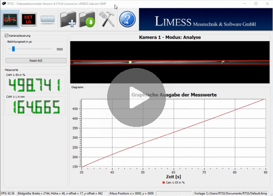 RTSS Videoextensometer bei der Messung von 500% Dehnung in einem Zugversuch - Videolink