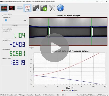 RTSS videoextensometer measures longitudinal and transversal strain at a tensile test - video link